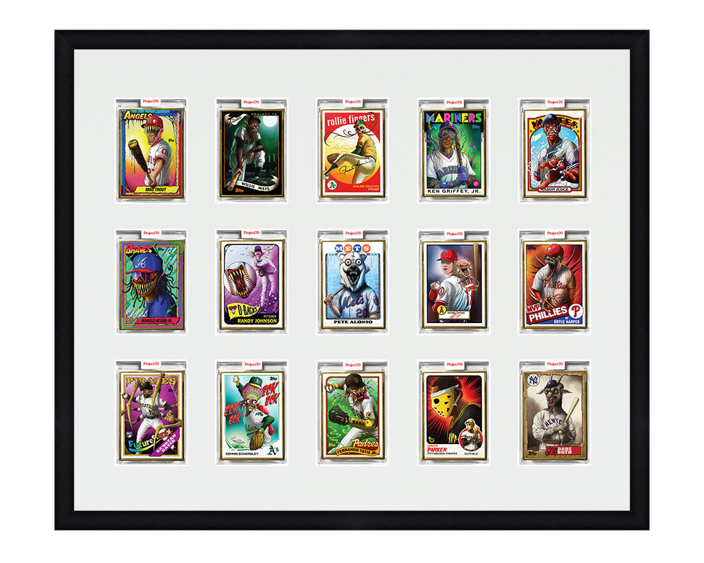 Framed Card Display for 15 Project 70, Project 2020, or Project 100 trading cards in a 3x5 layout with a white background and black frame