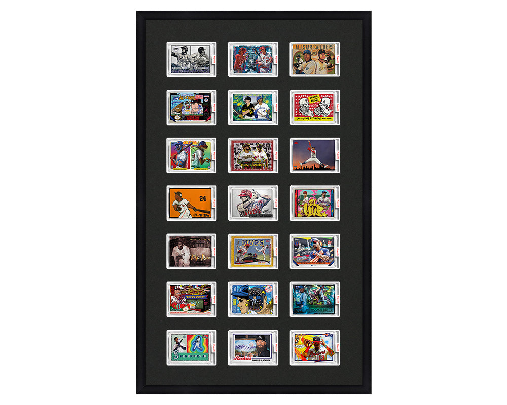 Framed Card Display for 21 horizontal Project 70, Project 2020, or Project 100 trading cards in a 7x3 layout with a black background and black frame