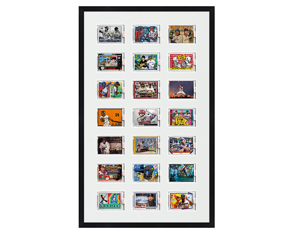 Framed Card Display for 21 horizontal Project 70, Project 2020, or Project 100 trading cards in a 7x3 layout with a white background and black frame