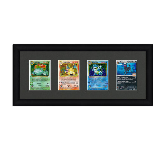 Framed Card Display for cards in sleeves in a 4 wide layout with a black background and black frame