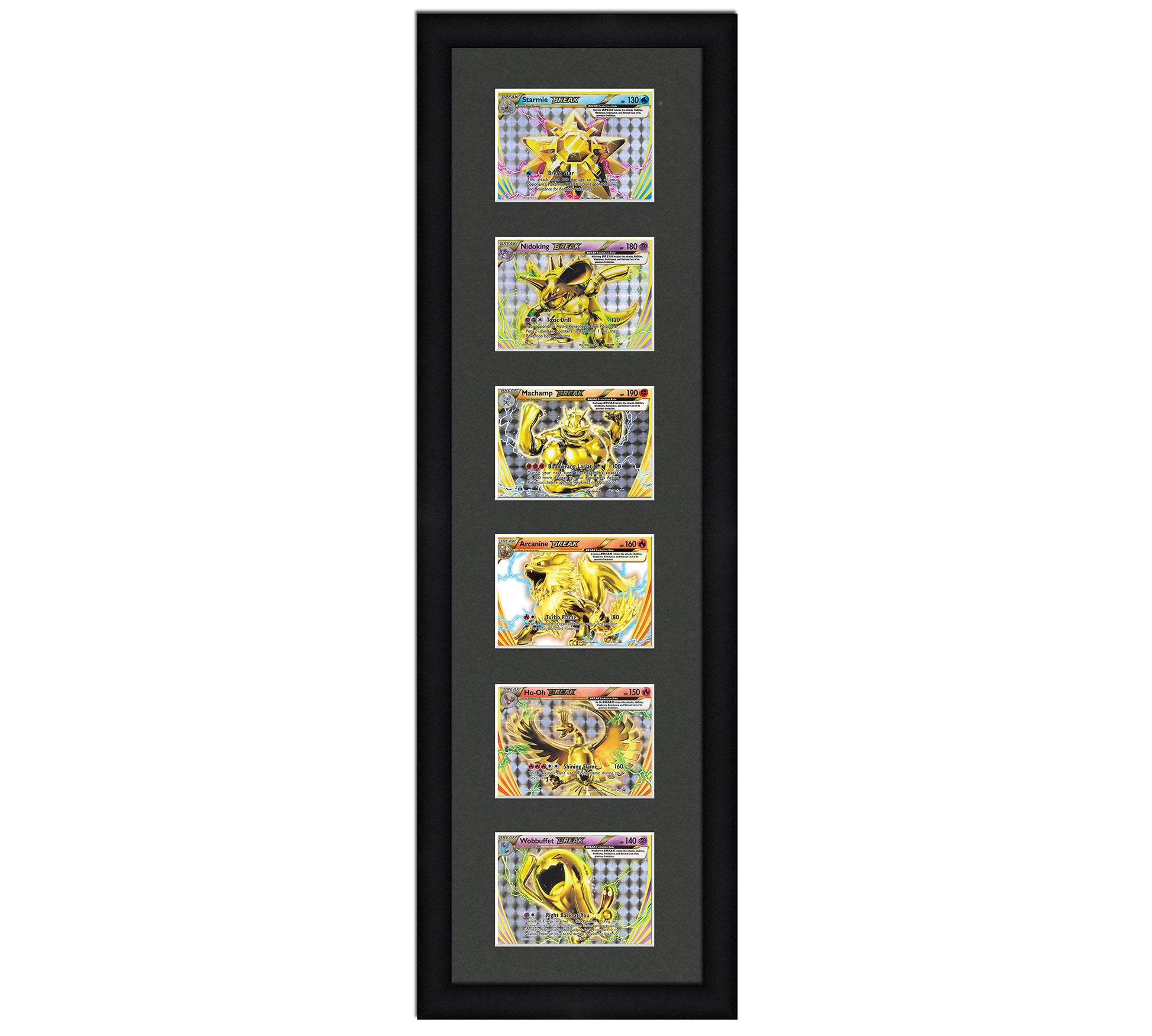 Framed Card Display for horizontal cards in sleeves in a 6 up layout with a black background and black frame