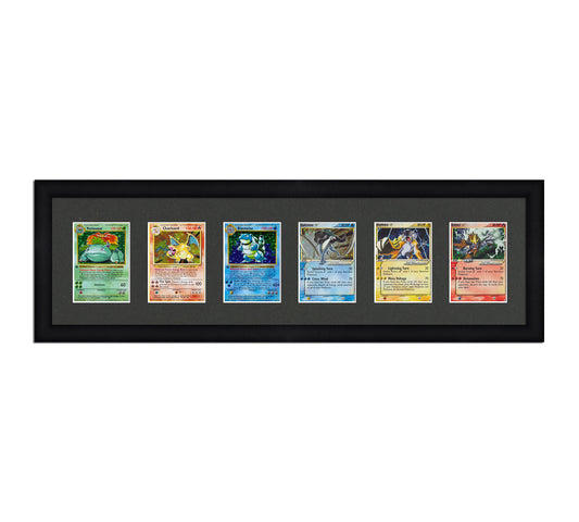 Framed Card Display for cards in sleeves in a 6 wide layout with a black background and black frame