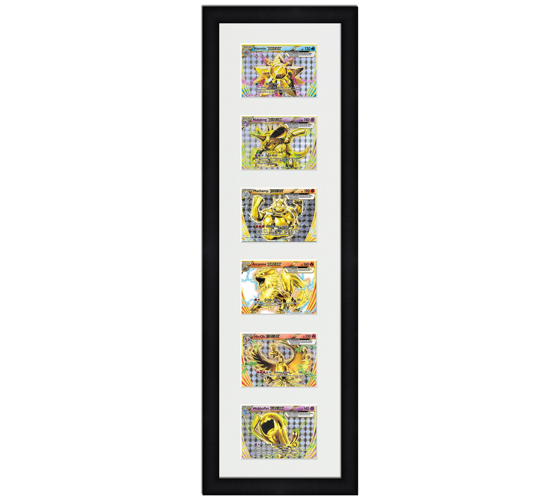 Framed Card Display for horizontal cards in sleeves in a 6 up layout with a white background and black frame
