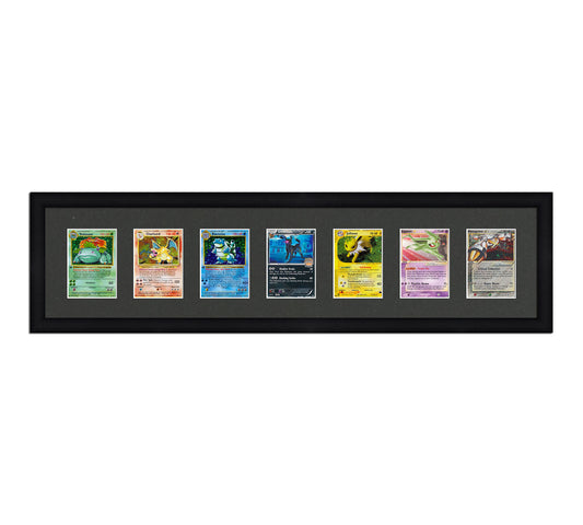 Framed Card Display for cards in sleeves in a 7 wide layout with a black background and black frame