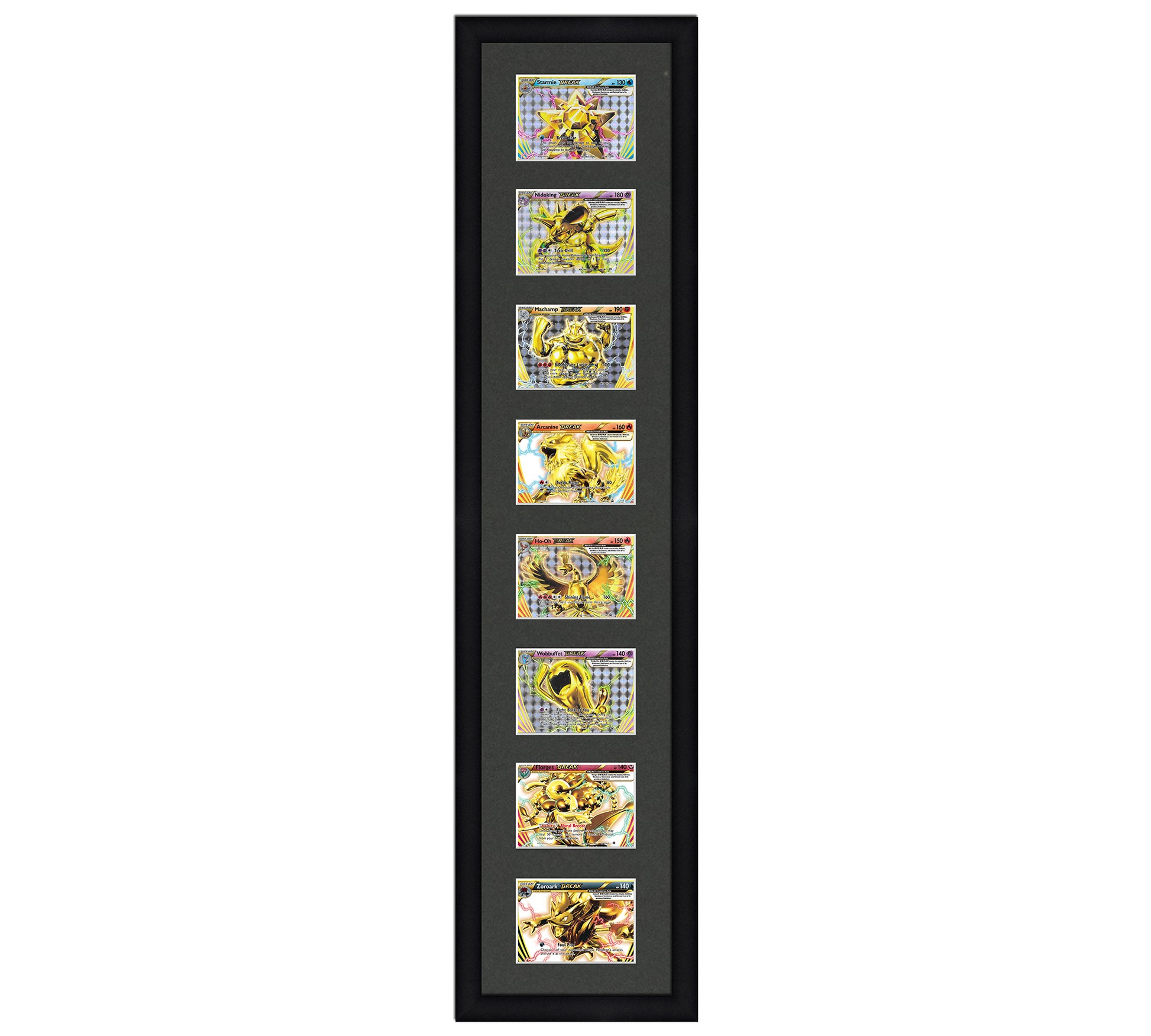 Framed Card Display for horizontal cards in sleeves in a 8 up layout with a black background and black frame