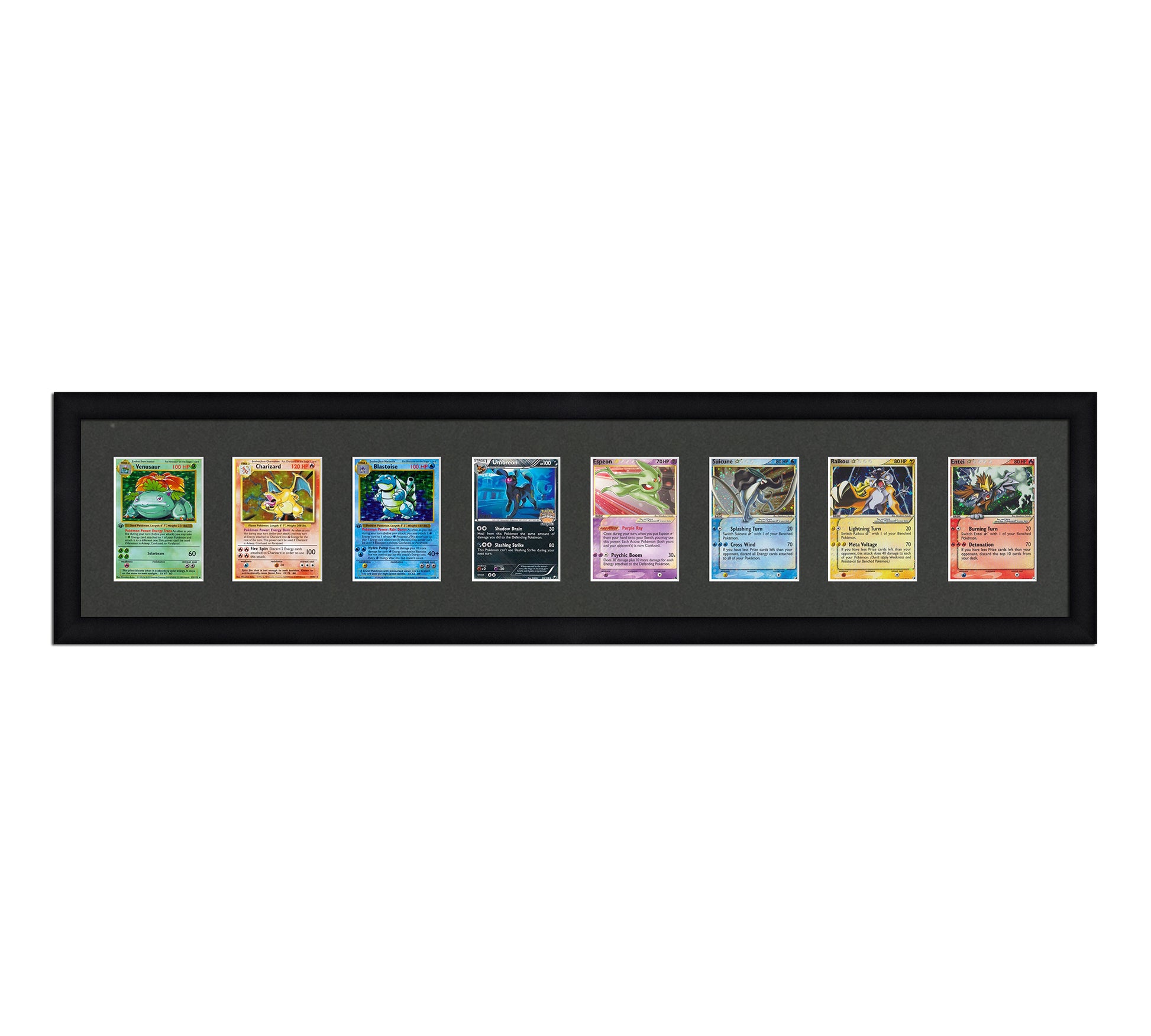 Framed Card Display for cards in sleeves in a 8 wide layout with a black background and black frame