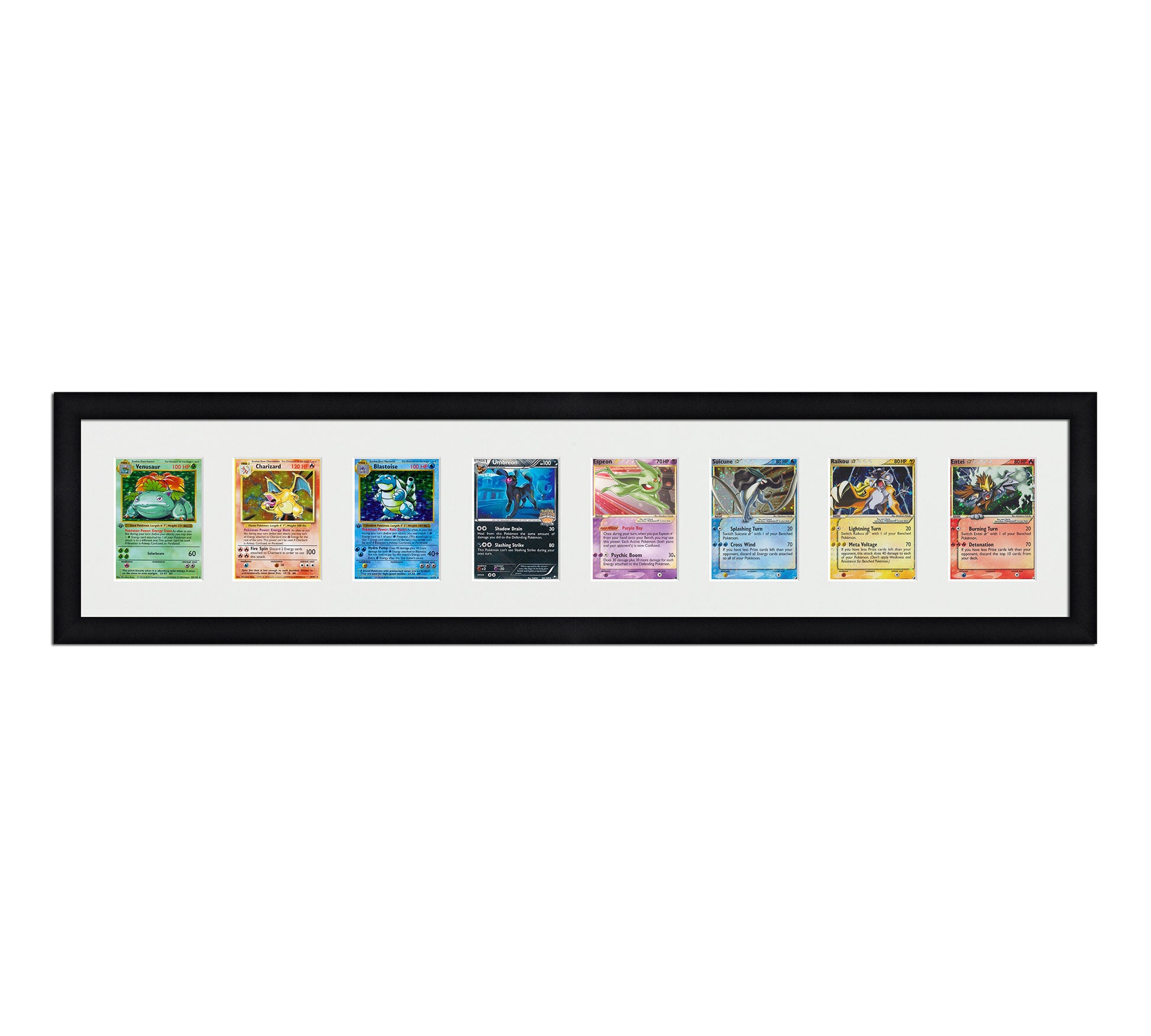 Framed Card Display for cards in sleeves in a 8 wide layout with a white background and black frame