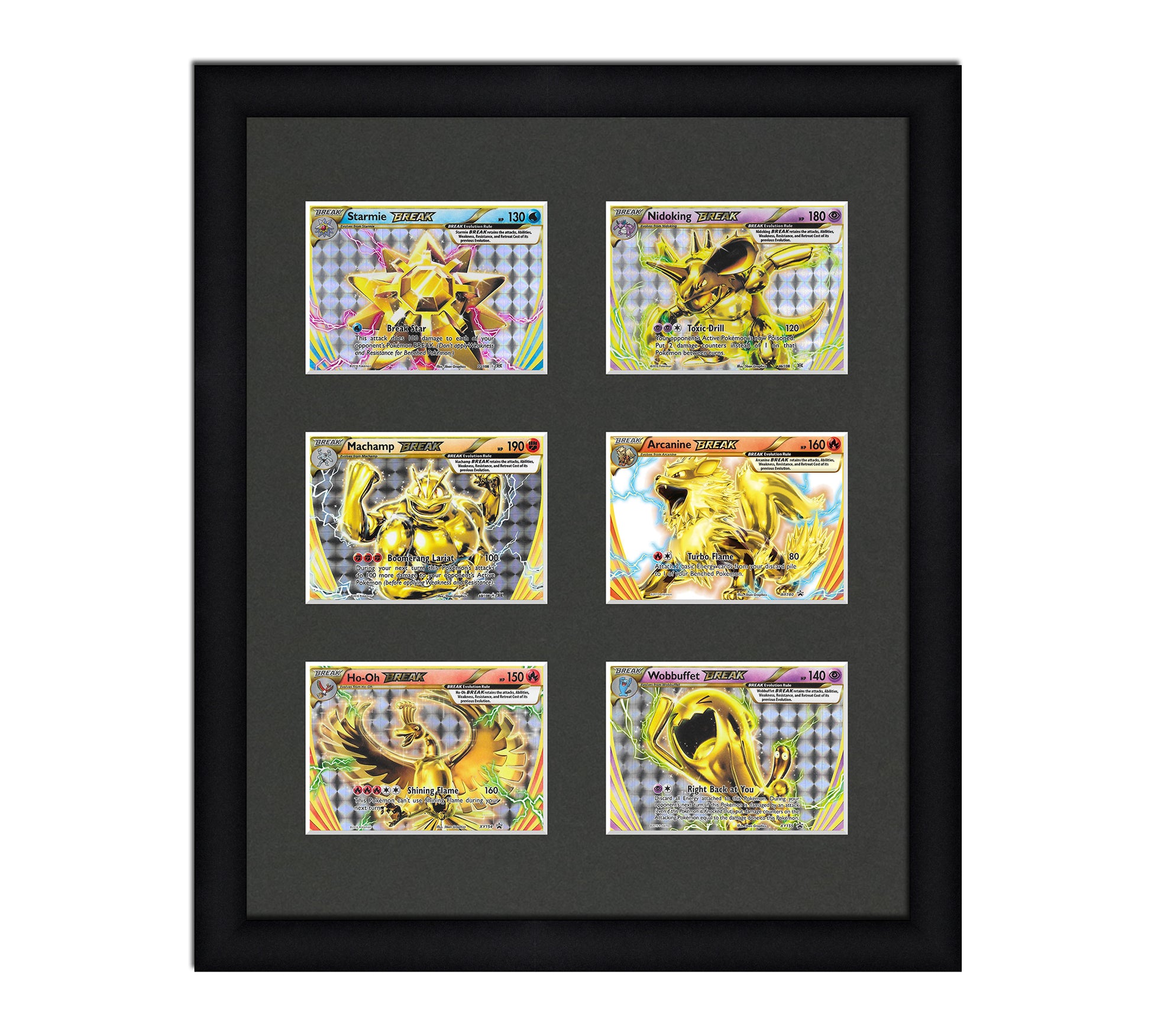 Framed Card Display for horizontal cards in sleeves in a 3x2 layout with a black background and black frame