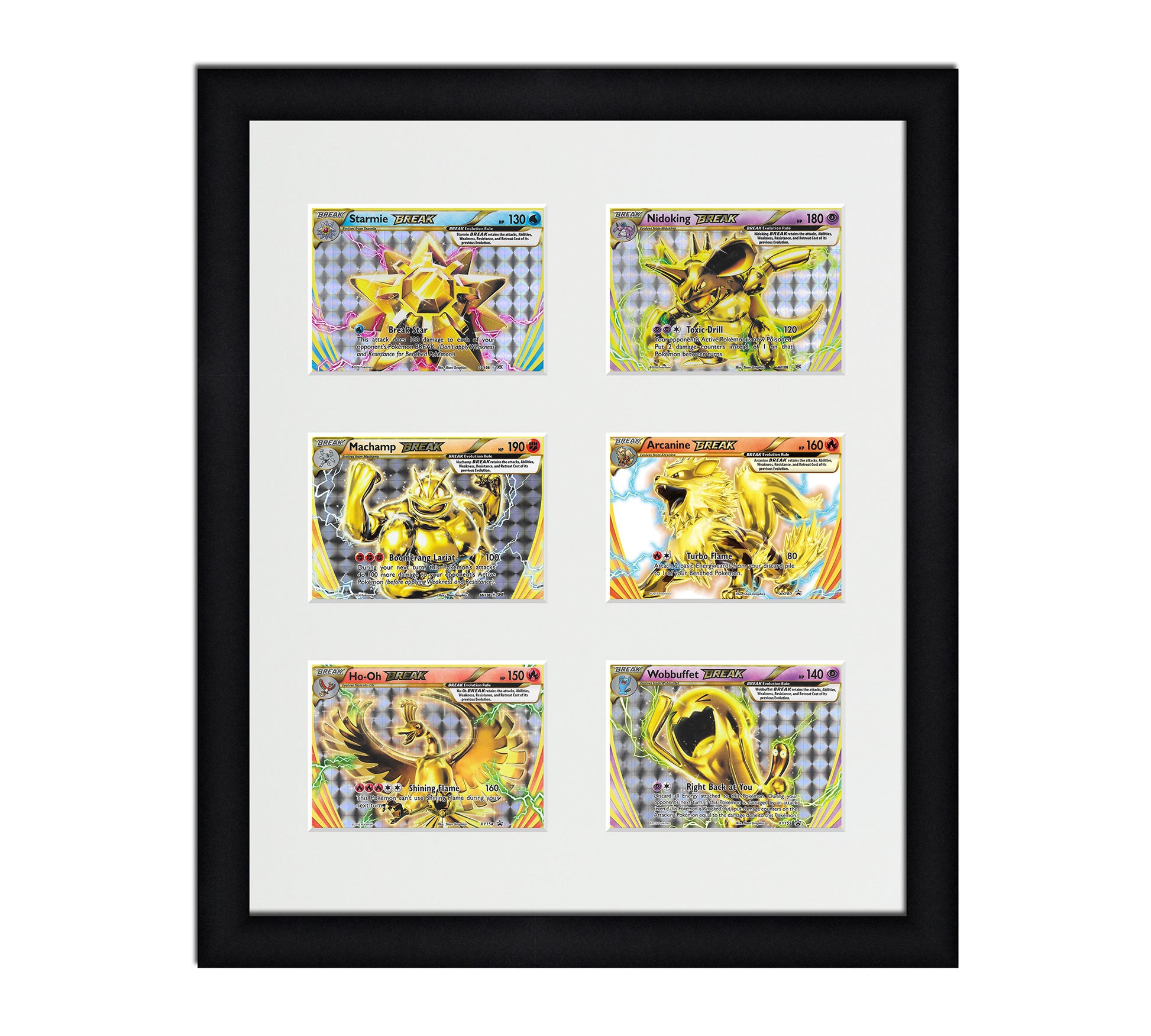 Framed Card Display for horizontal cards in sleeves in a 3x2 layout with a white background and black frame