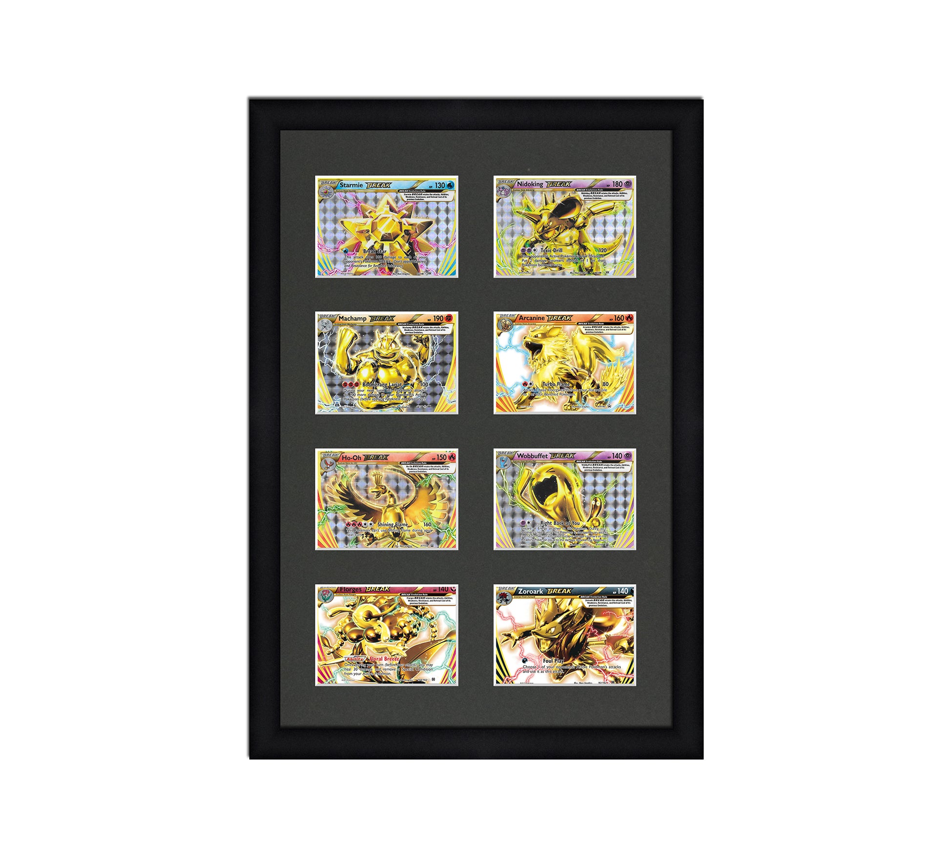 Framed Card Display for horizontal cards in sleeves in a 4x2 layout with a black background and black frame
