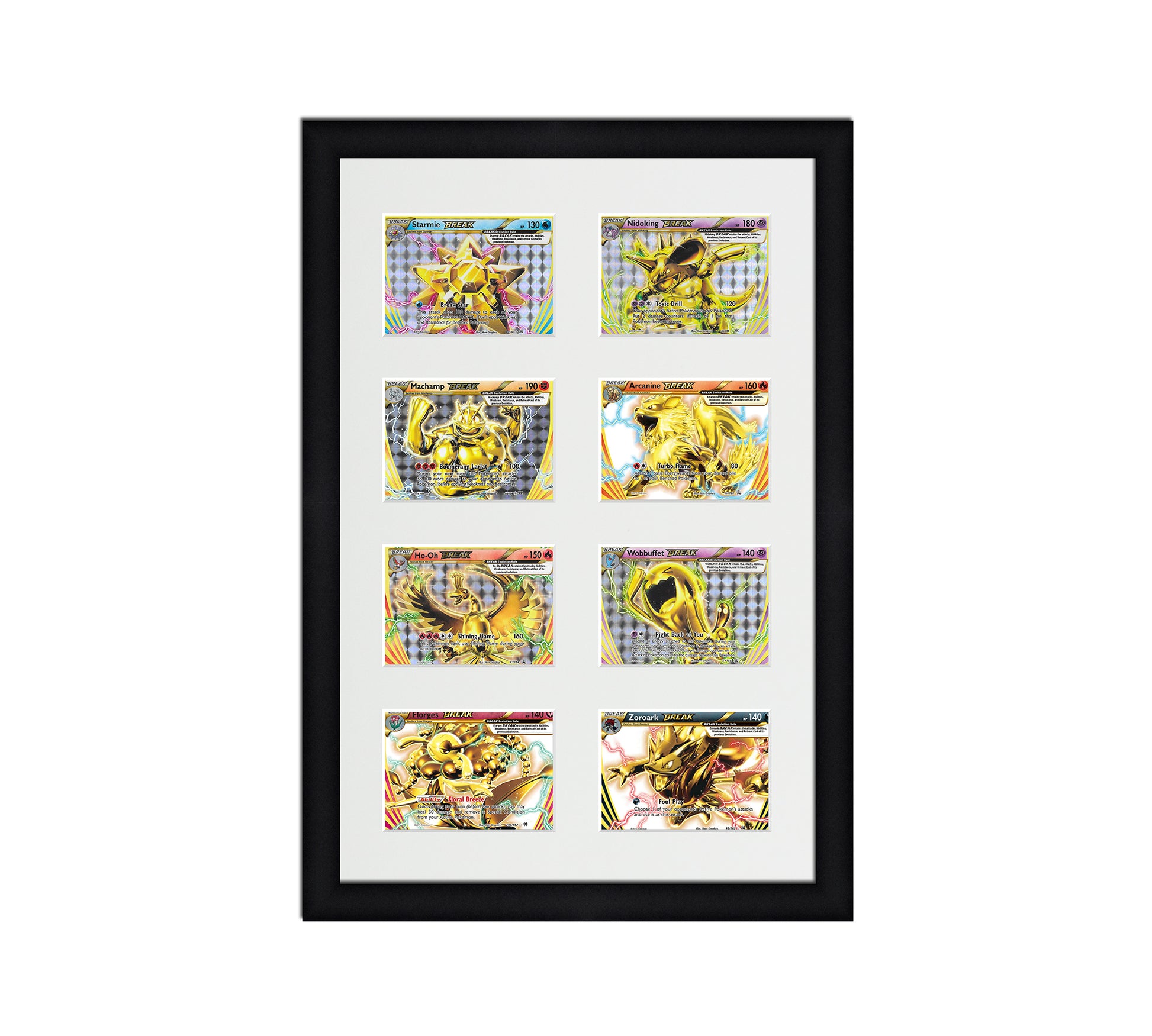 Framed Card Display for horizontal cards in sleeves in a 4x2 layout with a white background and black frame