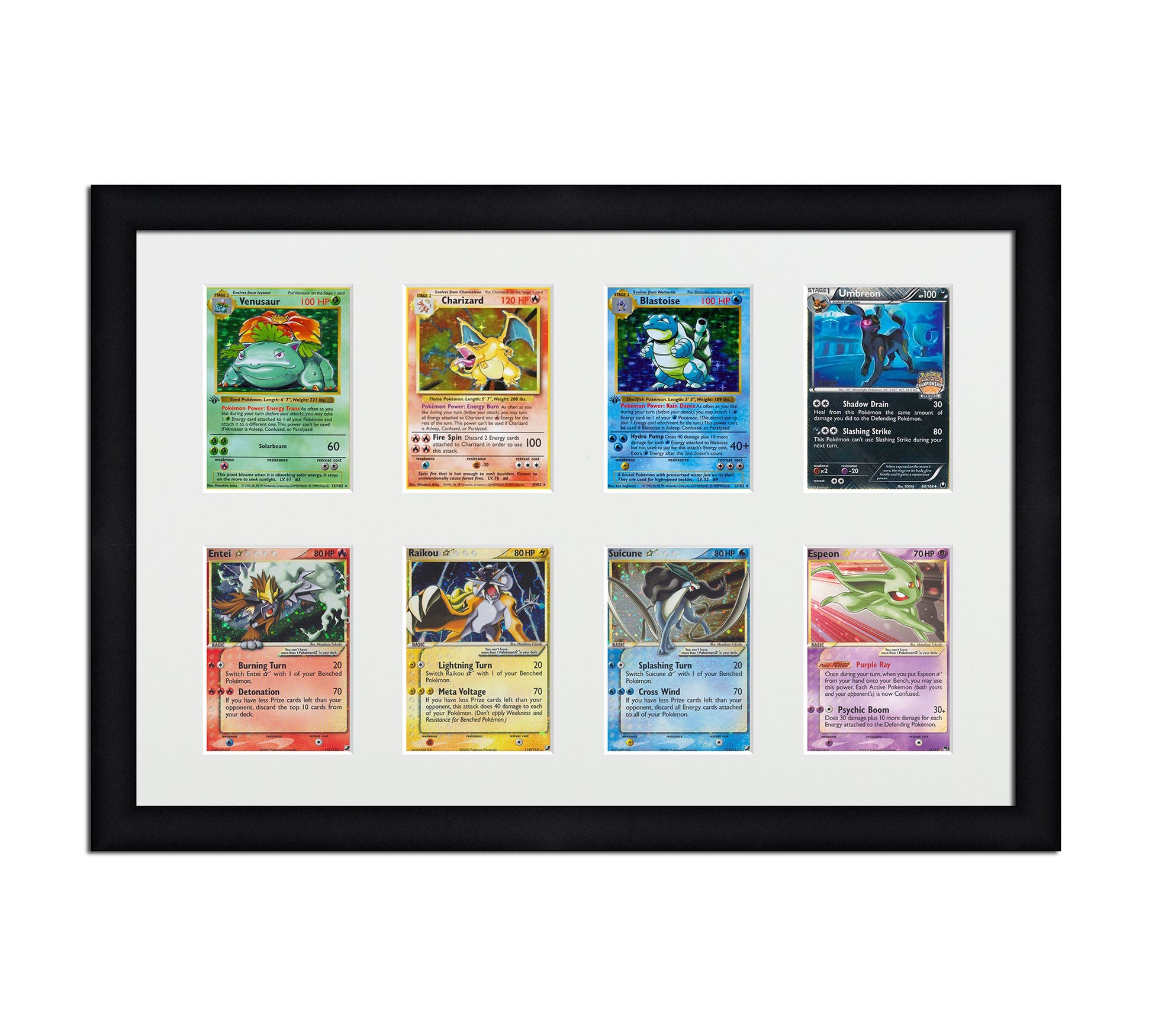 Framed Card Display for cards in sleeves in a 2x4 layout with a white background and black frame