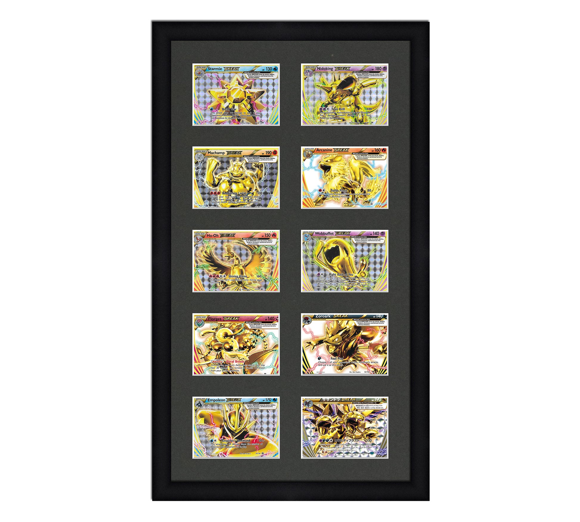 Framed Card Display for horizontal cards in sleeves in a 5x2 layout with a black background and black frame