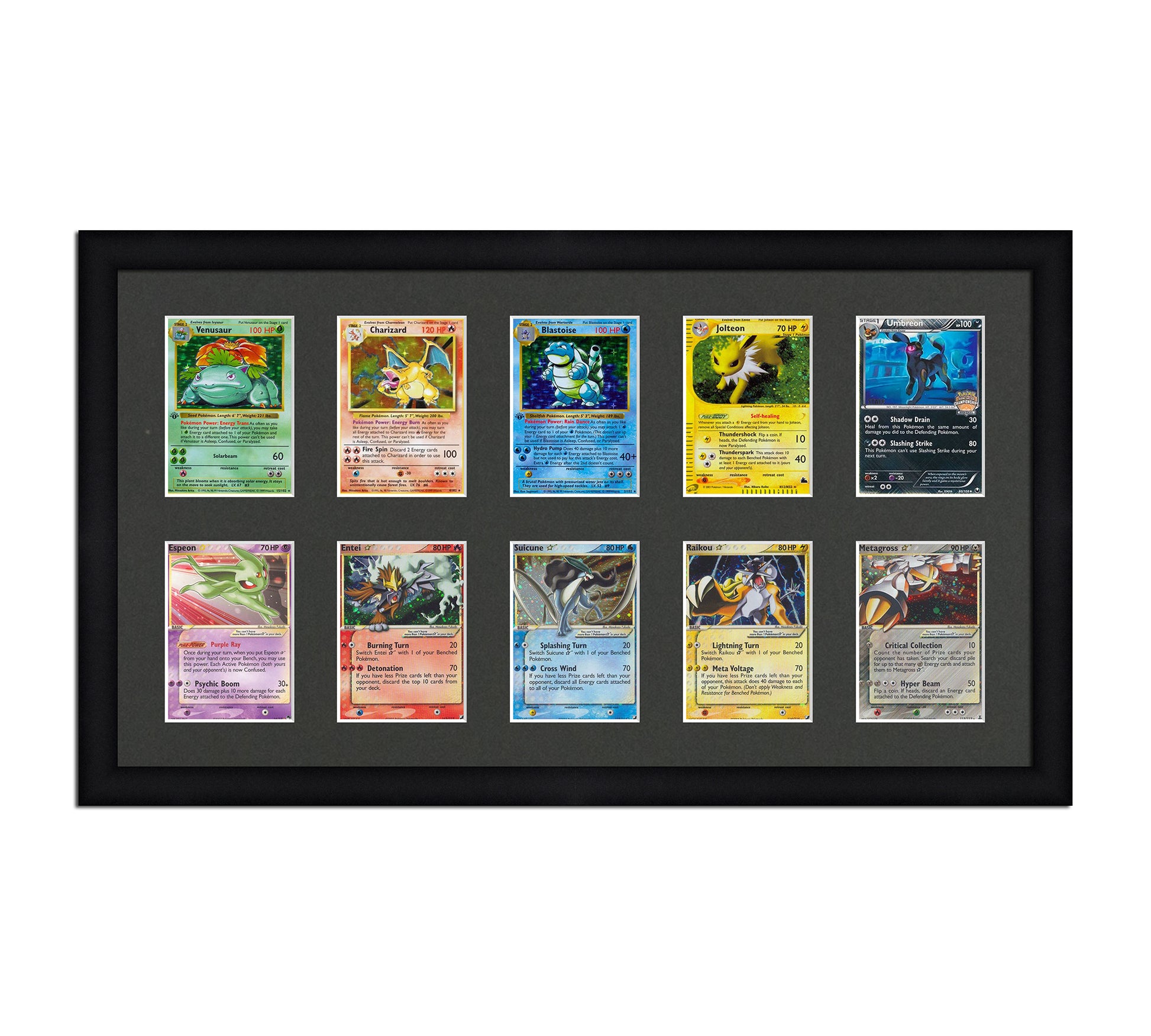 Framed Card Display for cards in sleeves in a 2x5 layout with a black background and black frame
