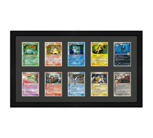 Framed Card Display for cards in sleeves in a 2x5 layout with a black background and black frame