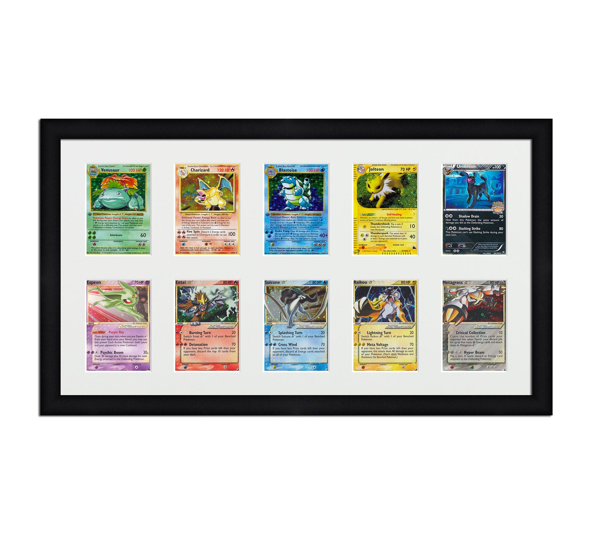 Framed Card Display for cards in sleeves in a 2x5 layout with a white background and black frame