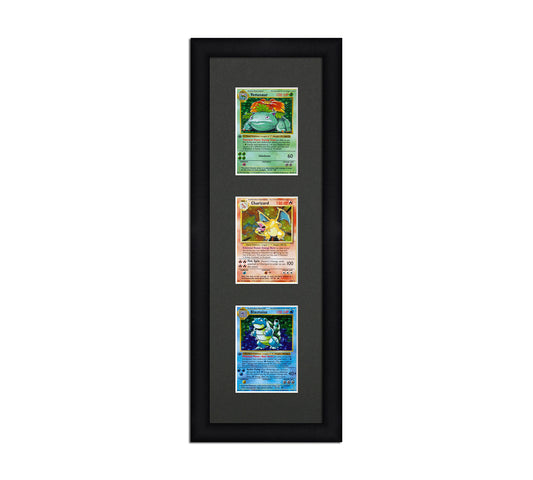 Framed Card Display for cards in sleeves in a 3 up layout with a black background and black frame