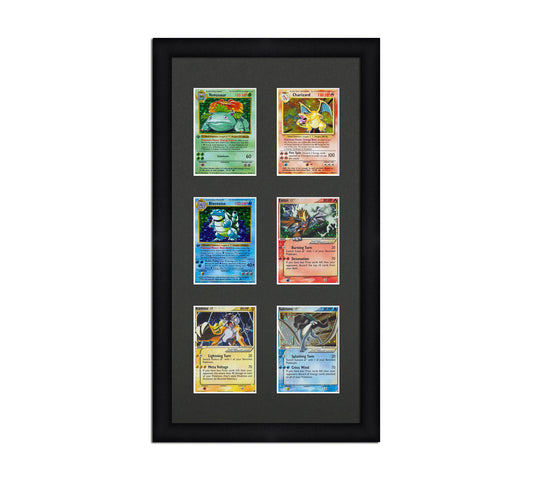 Framed Card Display for cards in sleeves in a 3x2 layout with a black background and black frame