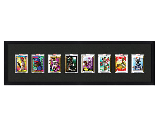 Framed Card Display for 8 Project 70, Project 2020, or Project 100 trading cards in an 8 wide layout with a black background and black frame