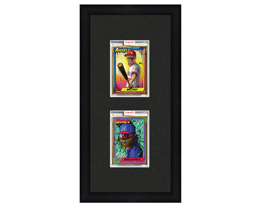Framed Card Display for 2 Project 70, Project 2020, or Project 100 trading cards in a 2 up layout with a black background and black frame