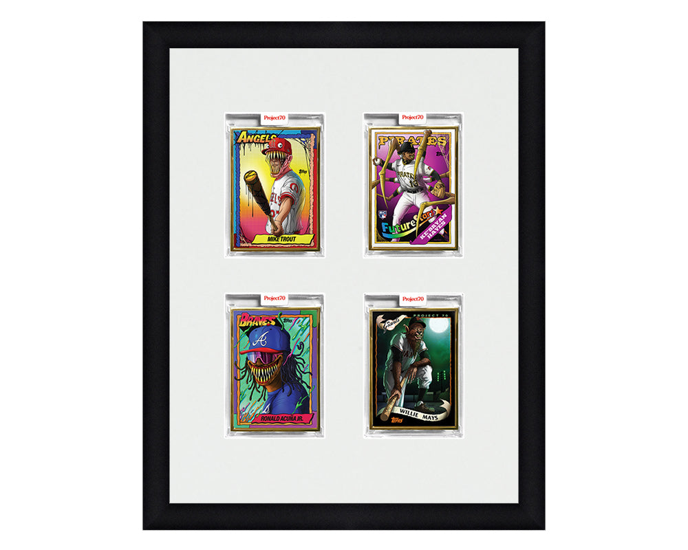 Framed Card Display for 4 Project 70, Project 2020, or Project 100 trading cards in a 2x2 layout with a white background and black frame