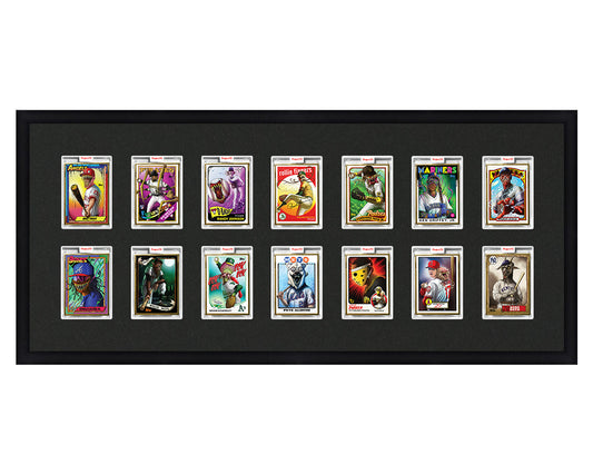 Framed Card Display for 14 Project 70, Project 2020, or Project 100 trading cards in a 2x7 layout with a black background and black frame
