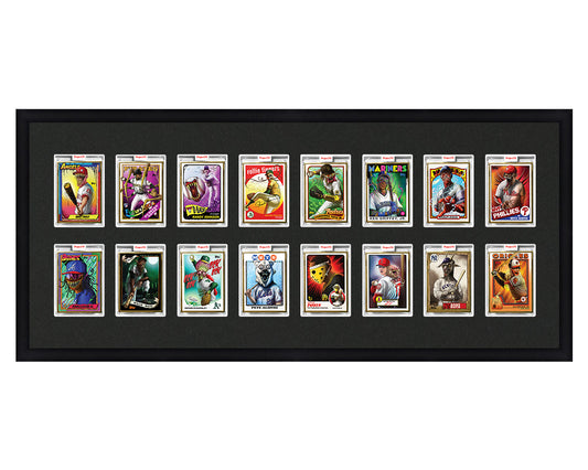 Framed Card Display for 16 Project 70, Project 2020, or Project 100 trading cards in a 2x8 layout with a black background and black frame
