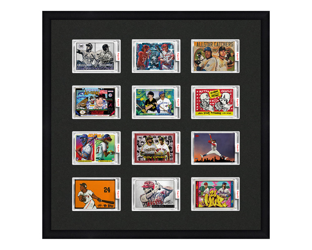 Framed Card Display for 12 horizontal Project 70, Project 2020, or Project 100 trading cards in a 3x4 layout with a black background and black frame