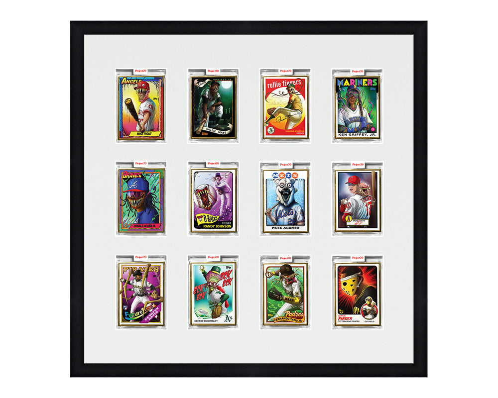 Framed Card Display for 12 Project 70, Project 2020, or Project 100 trading cards in a 3x4 layout with a white background and black frame