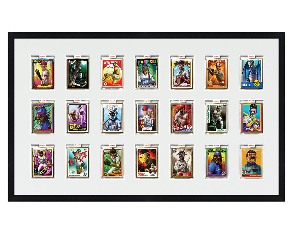 Framed Card Display for 21 Project 70, Project 2020, or Project 100 trading cards in a 3x7 layout with a white background and black frame