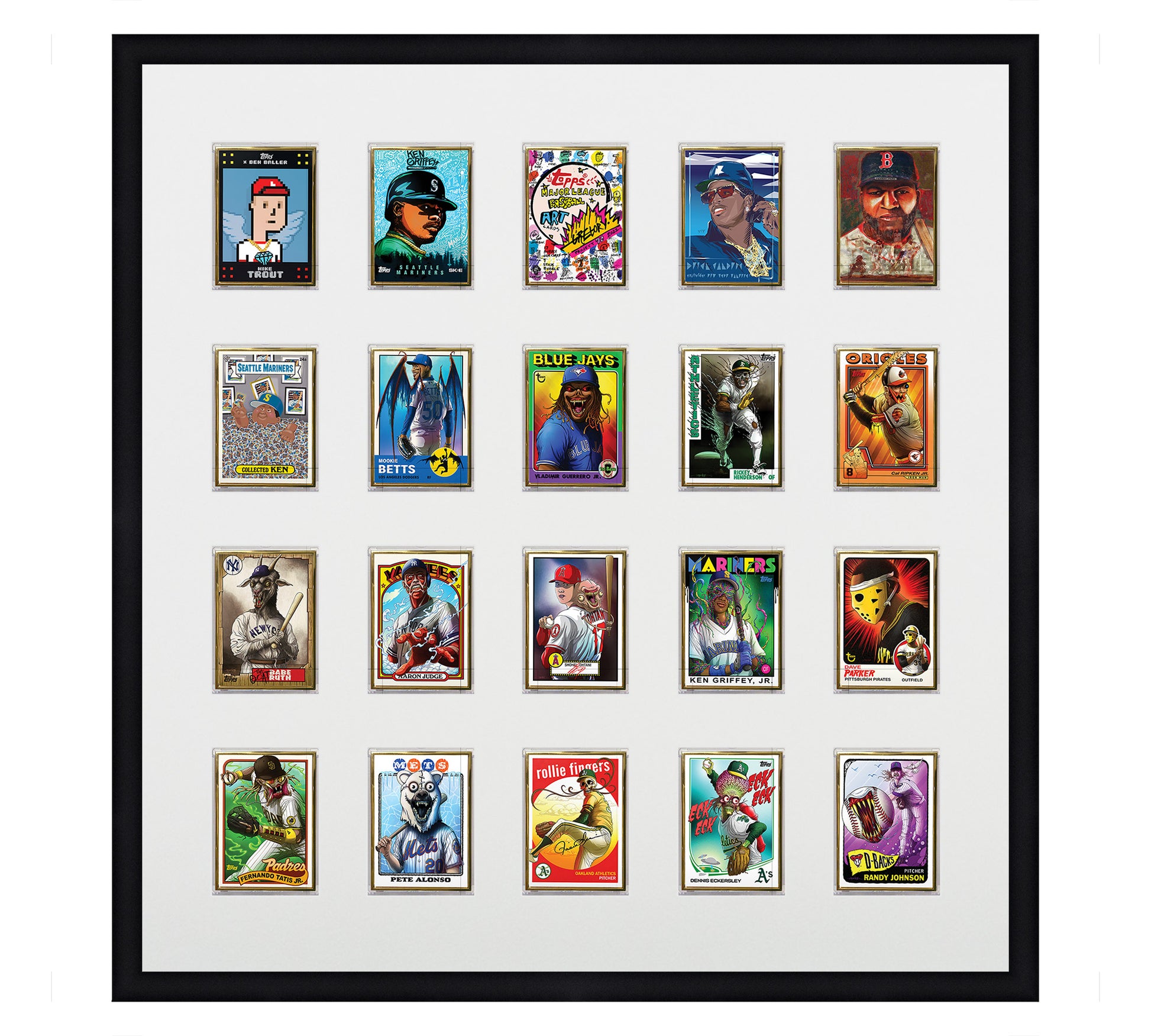 Framed Card Display for Ultra Pro One-Touch Cases in a 4x5 layout with white background and black frame