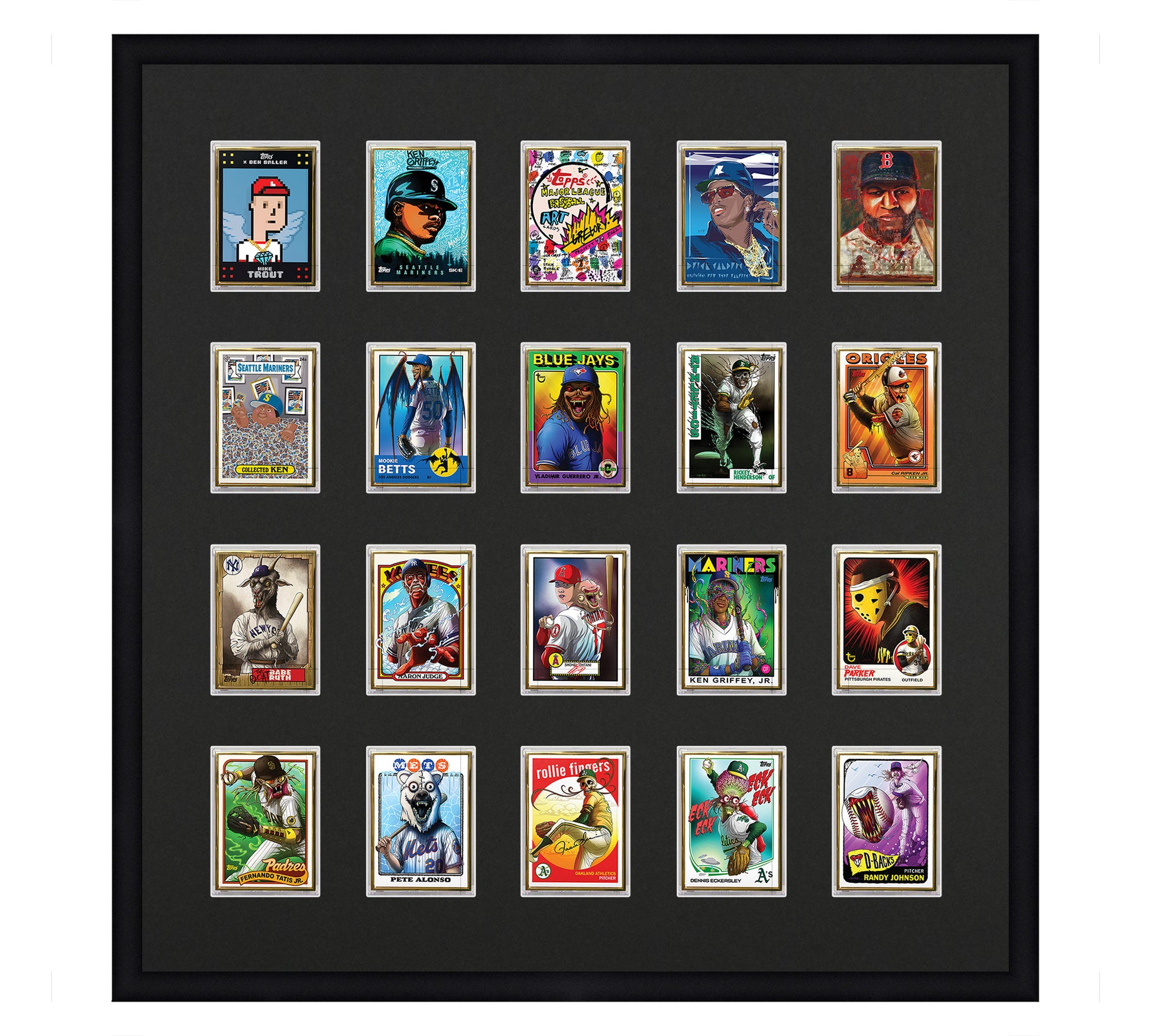 Framed Card Display for Ultra Pro One-Touch Cases in a 4x5 layout with black background and black frame