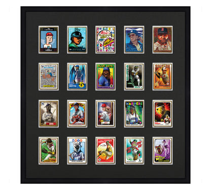 Framed Card Display for Ultra Pro One-Touch Cases in a 4x5 layout with black background and black frame