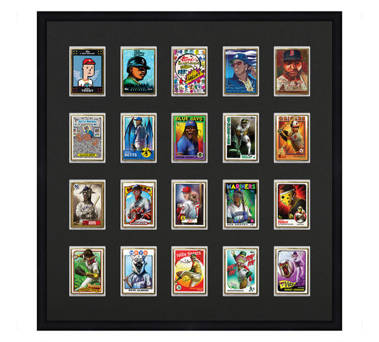 Framed Card Display for Ultra Pro One-Touch Cases in a 4x5 layout with black background and black frame